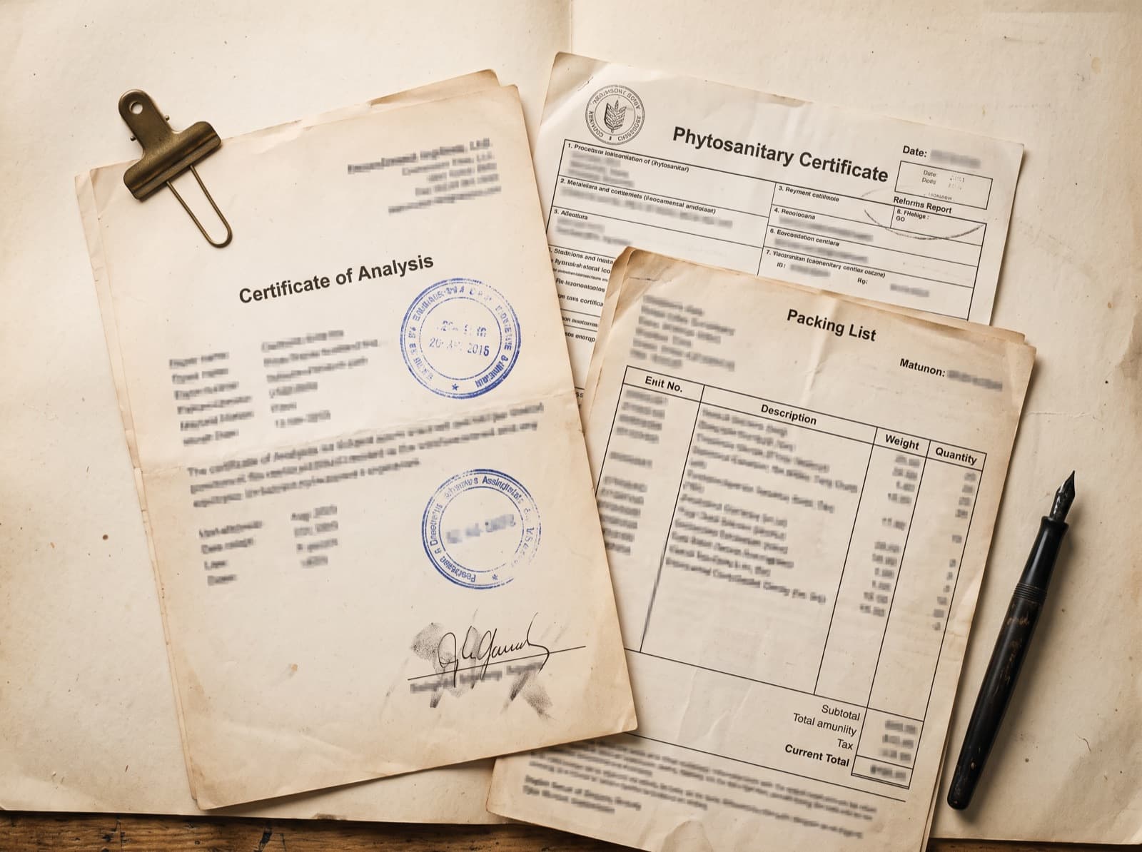 Export paper trail — COA, phytosanitary certificate, packing list