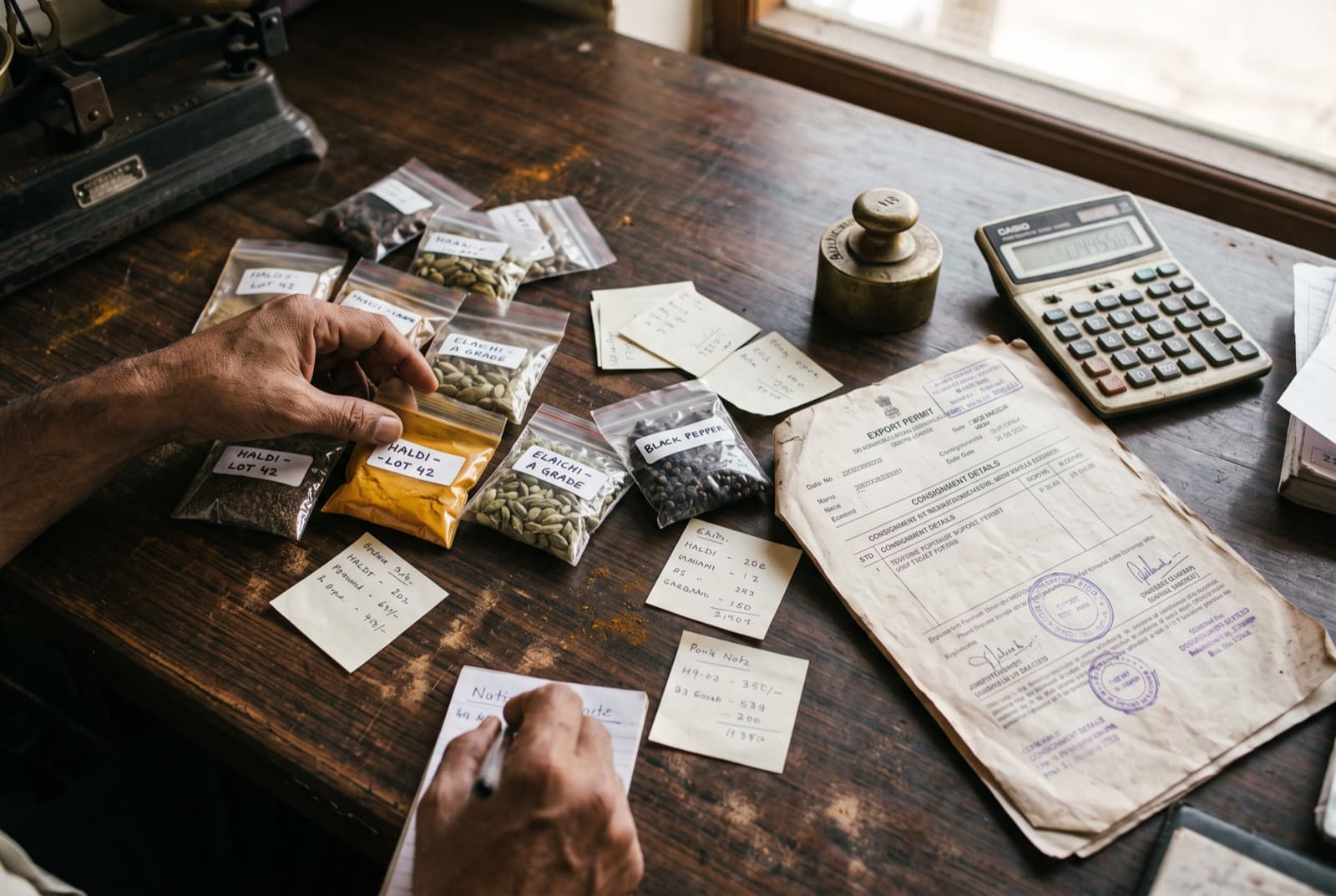 The SpiceATM trading desk — samples, lot chits and export documents