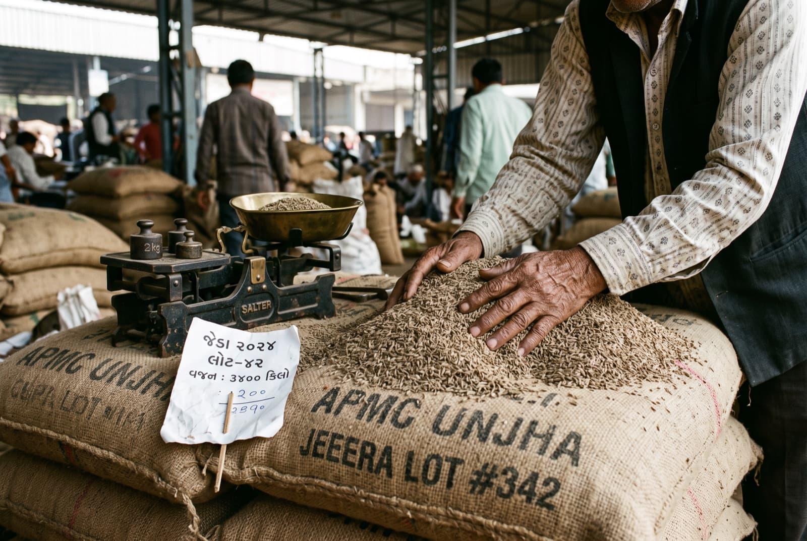 Cumin trading at the Unjha APMC yard
